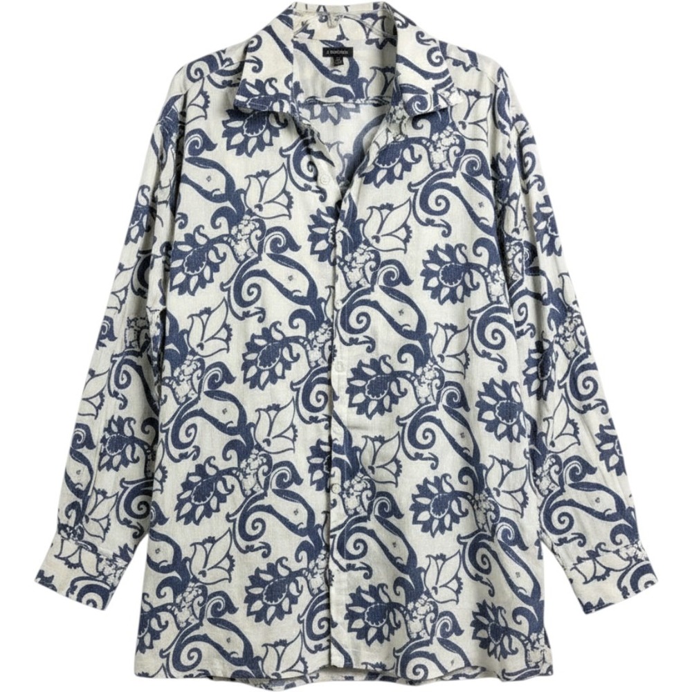 J. Peterman Men XXL Blue White Paisley Floral Cotton Long Sleeve Button Up Shirt